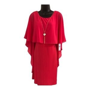 Red sheath sheer cape dress & attached gemstone gold plated necklace dress sz8